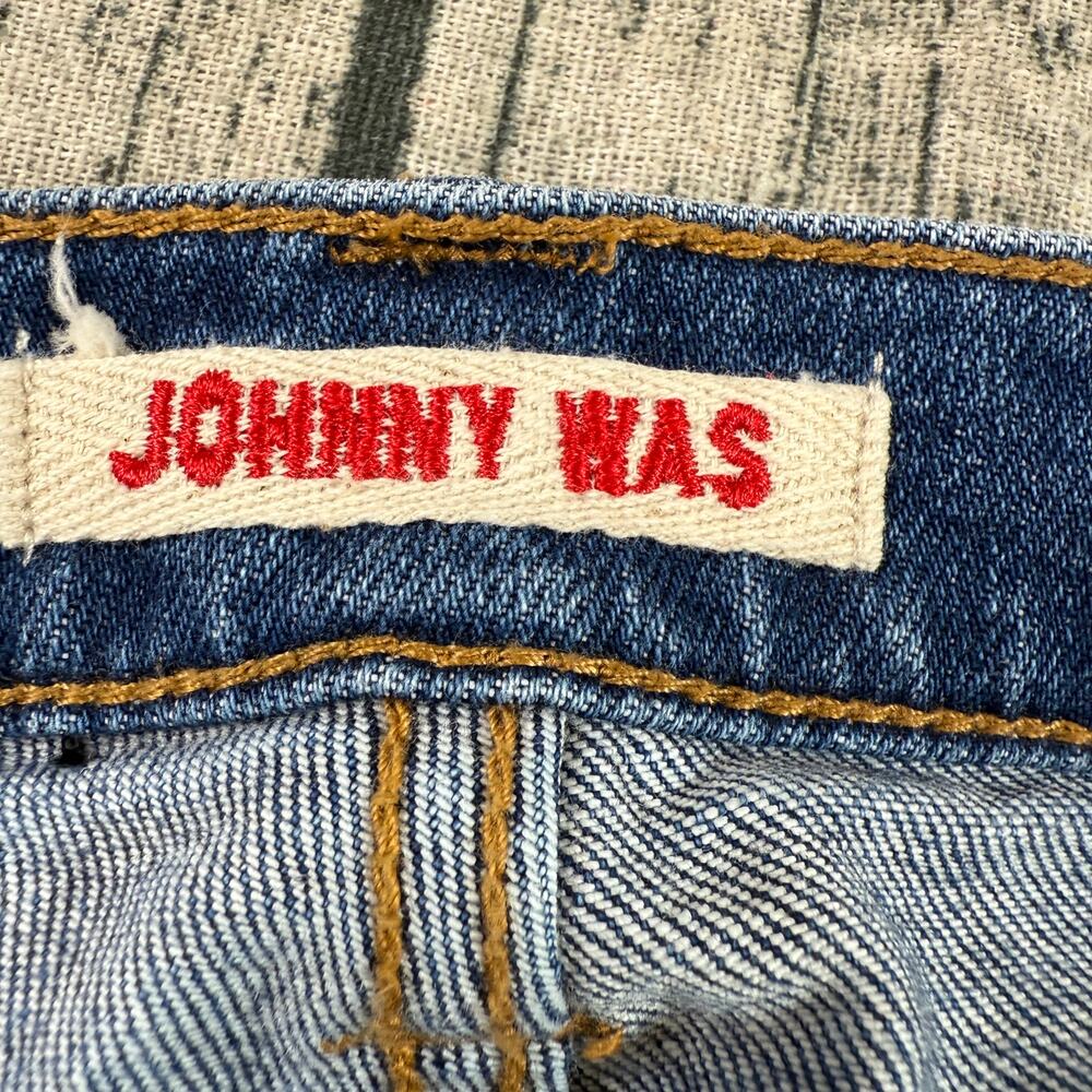 Johnny Was Cropped Baby Boot Jeans 28 Blue Embroidered Boho Floral - Picture 8 of 13